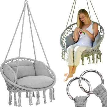 Hanging chair with cushion, boho nest swing for home and garden, grey