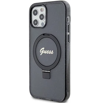 Guess iPhone 12 / 12 Pro Case Ring Stand Script Glitter MagSafe, Black