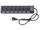 USB centrmezgls ar 7 USB 2.0 portiem, ar slēdžiem, melns