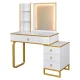 Dressing Table with LED Mirror, Cabinet and Stool, White with Gold Accents