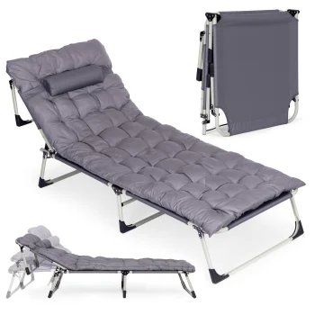 MultiGarden Folding Garden Sun Lounger with Mattress and Pillow, Grey