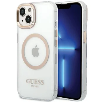 Guess Metal Outline MagSafe dėklas iPhone 15 Plus / 14 Plus, auksinis