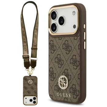 Guess 4G Strass Logo & Big Strap Metal Buttons MagSafe Case for iPhone 17 Pro, Brown