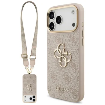 Guess 4G Big 4G Classic Logo Big Strap Metal Buttons Case for iPhone 17 Pro Max, Pink