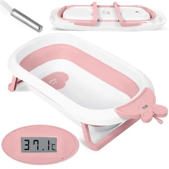 Ricokids RK-282 Foldable Baby Bathtub with Thermometer, White/Pink