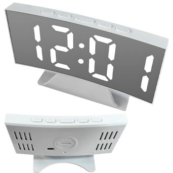 Digital LED Alarm Clock with Temperature Display and Mirror Surface, USB Powered, White