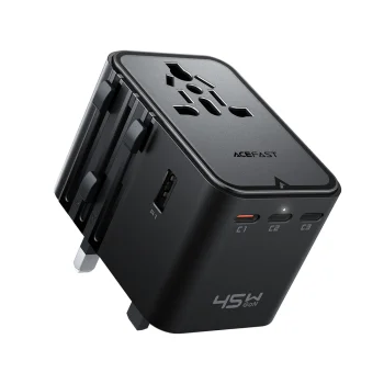 Acefast Z8 GaN 45W Travel Adapter Wall Charger with 2500W AC Socket, 3x USB-C, 2x USB-A, Black