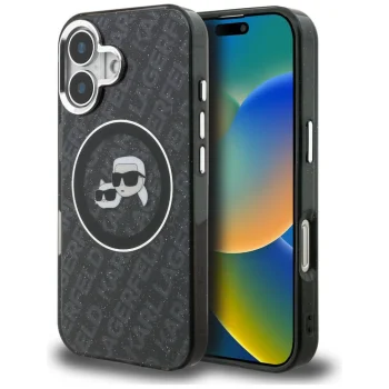 Karl Lagerfeld IML Glitter Karl & Choupette MagSafe dėklas iPhone 16, juodas