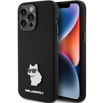 Karl Lagerfeld iPhone 15 Pro Case Silicone Choupette Metal Pin, Black