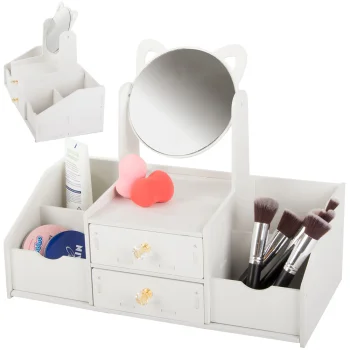 Cosmetic Organizer with Mirror and Drawers, White