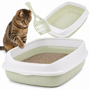 Open Rimmed Cat Litter Box with Scoop, 45x34x12cm, Green