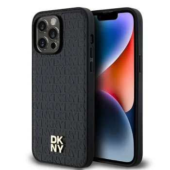 DKNY iPhone 14 Pro Case Leather Monogram Pattern MagSafe, Black