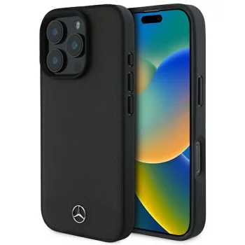 Mercedes Textured And Plain Leather MagSafe Case for iPhone 16 Pro, Black