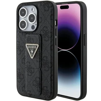 Guess iPhone 15 Pro Max Case Grip Stand 4G Triangle Strass, Black