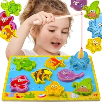 Wooden Magnetic Fishing Puzzle Game with Rod, 10 Pieces