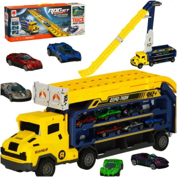 2-in-1 Car Transporter Hauler Truck with Race Track Slide, yellow