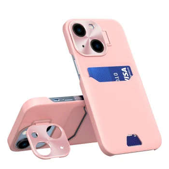 Dėklas iPhone 14 Plus su kortelių kišene ir stovu, rožinis
