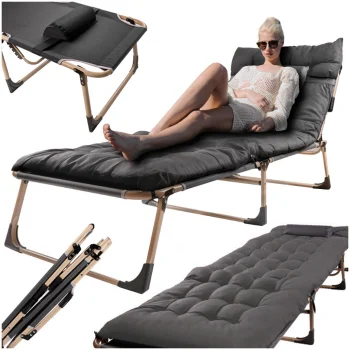 Folding Camping Bed / Lounger LUARO with Mattress, 193 cm, Dark Grey