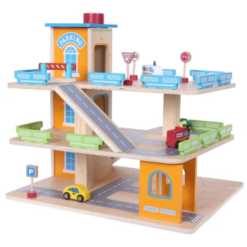 Wooden toy garage with lift, 3 levels and 4 cars