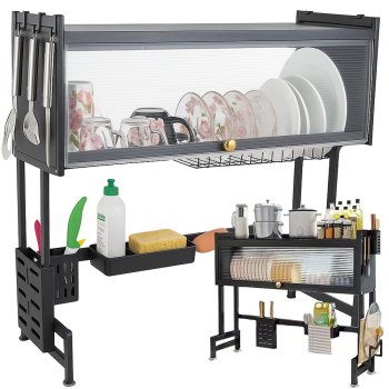 Over the Sink Dish Drying Rack with Cabinet, 65 cm, Black