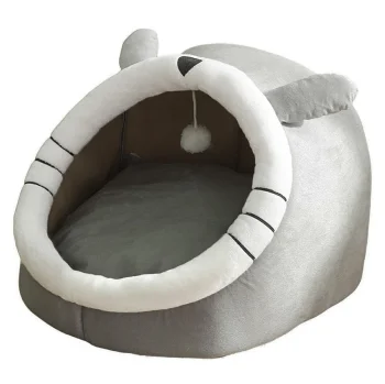 Covered Pet Bed Cave for Cats and Dogs with Cat Ears, Size L, Grey