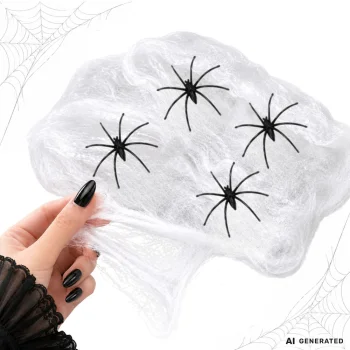 Artificial Spider Web with 4 Spiders, White, Halloween Decoration