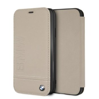 BMW Logo Imprint Folio Case for iPhone Xr - Beige