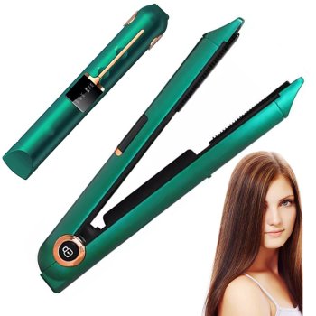 2-in-1 cordless ceramic hair straightener LCD, adjustable temperature, power bank, green