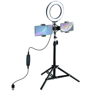 16cm LED Ring Lamp with Desktop Tripod up to 70cm and Dual Phone Bracket, USB