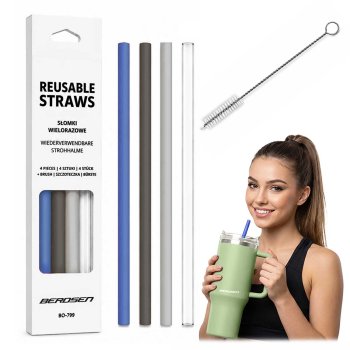 Berdsen Reusable Plastic Straws with Cleaning Brush, 4 pcs