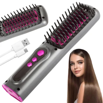 Cordless 2-in-1 Electric Hair Straightener Brush, Grey