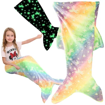 Glow in the Dark Mermaid Tail Blanket for Girls, Cozy Fleece Wearable Sleeping Bag, Rainbow