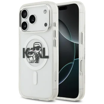 Karl Lagerfeld IML Glitter Karl & Choupette Sketch Logo MagSafe Case for iPhone 17 Pro, Clear