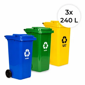 Set of 3 Waste Bins 3x240L Blue Green Yellow
