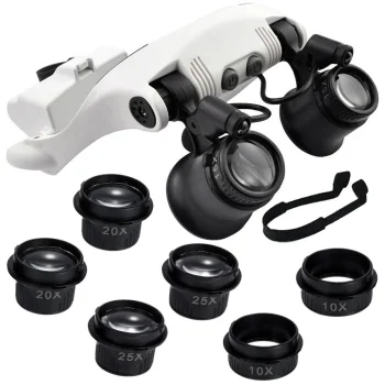 Watchmaker Headband Magnifying Glasses with 2 LED and 10x-25x Lenses, White/Black