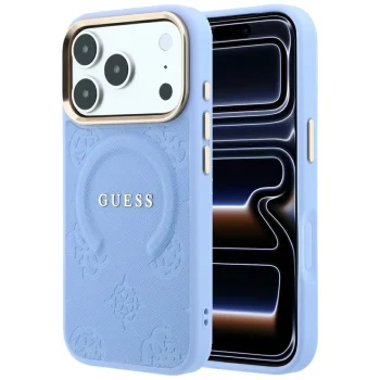 Guess Saffiano Peony & Ring MagSafe Case for iPhone 17 Pro / 18 Pro - Light Blue