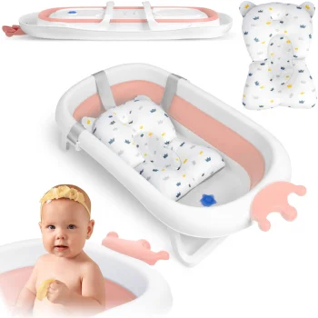 Ricokids RK-280 Foldable Baby Bath Tub with Cushion, White/Pink