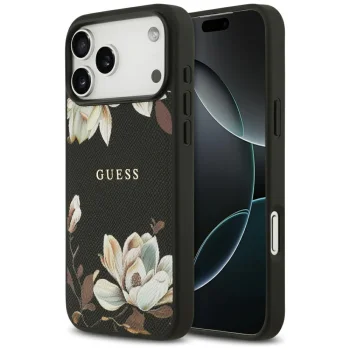 Guess Grained Flowers Classic Logo MagSafe Phone Case Cover iPhone 17 Pro Max - black