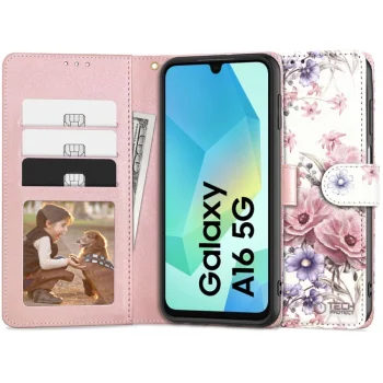 Samsung Galaxy A16 4G / 5G ( SM-A166 / SM-A165 ) Tech-Protect Wallet Book Case Cover, Pink Flowers
