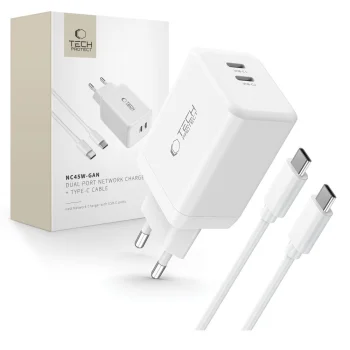 Tech-Protect NC45W-GAN 2-Port USB-C 45W Wall Charger and USB-C Cable, White