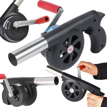 Handheld grill and fireplace blower with crank, powerful, black
