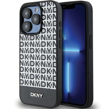 Apple iPhone 15 Pro Max 6.7'' DKNY Leather Printed Pattern Metal Logo MagSafe Case Cover, Black