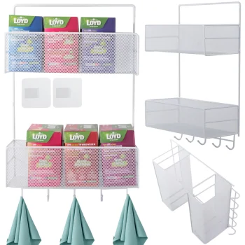 Hanging Metal Organizer / Shelf with Hooks, White