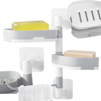 Wall-Mounted Soap Dish with Towel Holder, White/Grey