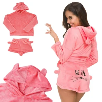 Warm Women's Two-Piece Pajama Set with Hood, Short Pants, XL, Pink