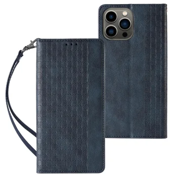 Magnet Strap Wallet Case for iPhone 12 Pro Max with Stand and Lanyard, Blue