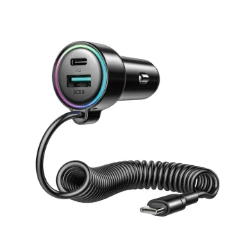 Joyroom JR-CL07 72W 3-in-1 Car Charger with 1.6m USB-C Cable, Black
