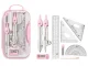 Math Geometry Set 9 Pieces with Compass Ruler Protractor Case, Pink