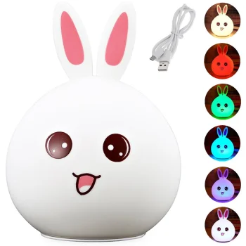 Kids LED Night Light Bunny, Silicone, RGB Touch, USB, White