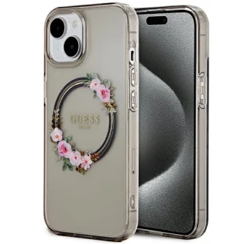 Guess iPhone 15 / 14 / 13 Case IML Flowers Wreath MagSafe, Black